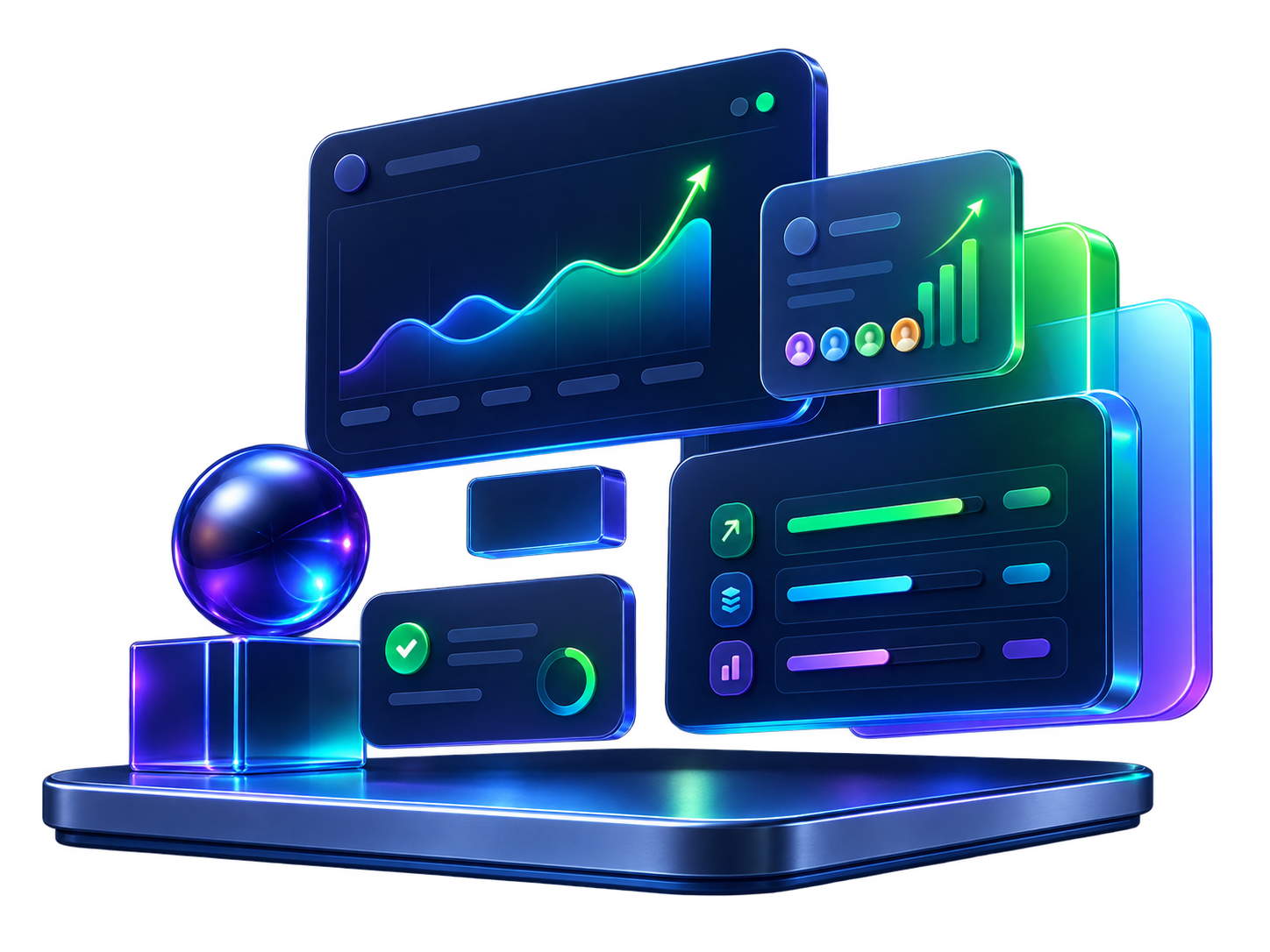 3D analytics dashboard with growth charts